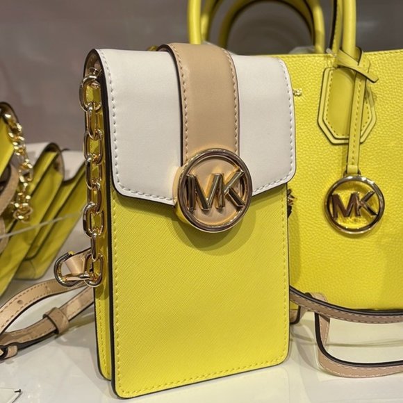 Michael Kors Carmen Small Color-Block Faux Leather Phone Crossbody Bag Sunshn - Picture 9 of 16